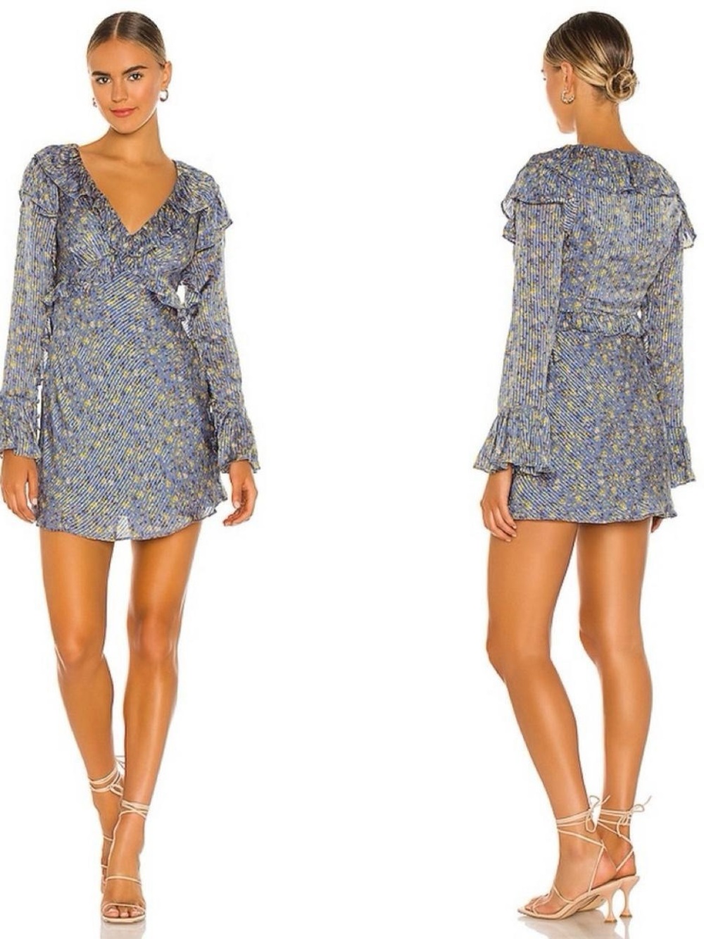 Free People Blue Floral Ruffle V-Neck Mini Dress